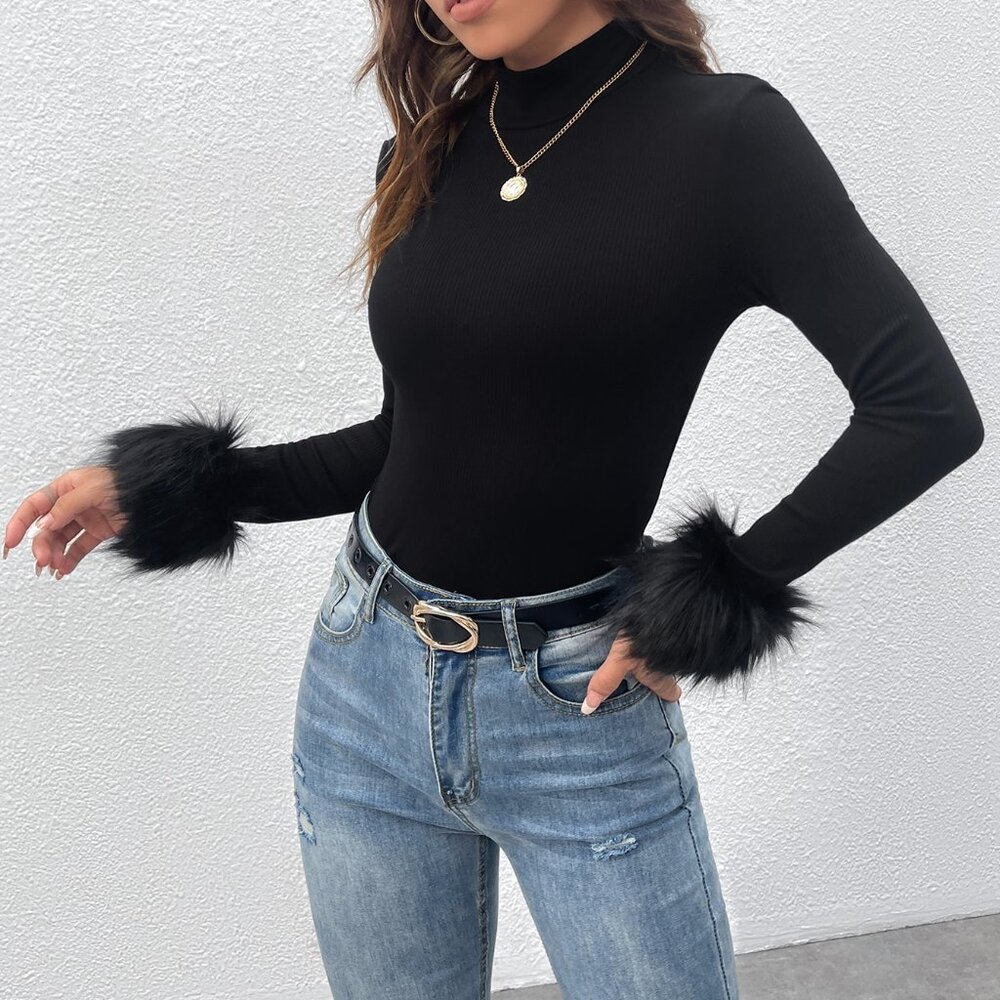 Black Casual Women's Fuzzy Cuff Mock Neck Y2k Tee - Picture 5 of 5